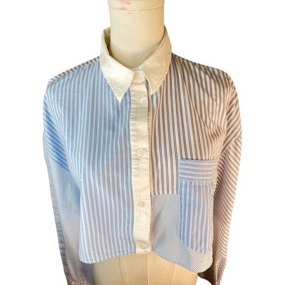 2/$30 ZARA M Cropped Blue & White Striped Cotton Button-Up Shirt Collared Neck - Picture 6 of 12
